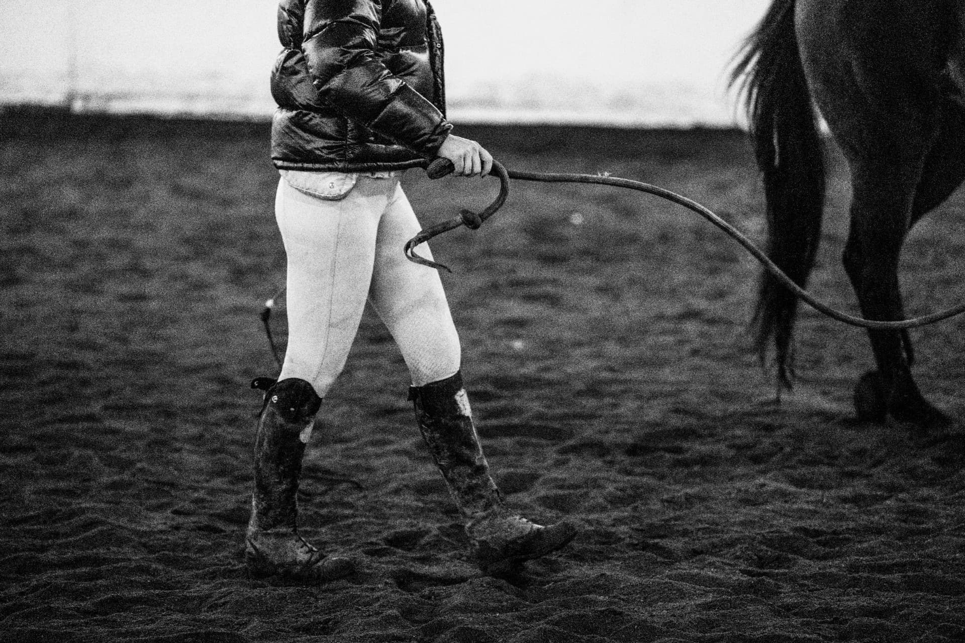 Leading a horse in an arena